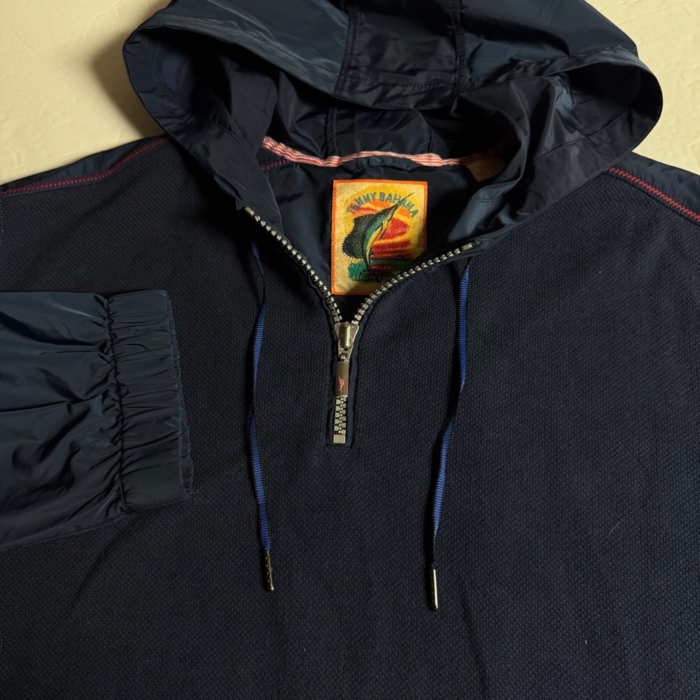 Tommy Bahama Mens Navy Blue Half Zip Hooded‎ Jacket XL 100% Cotton Relax Casual